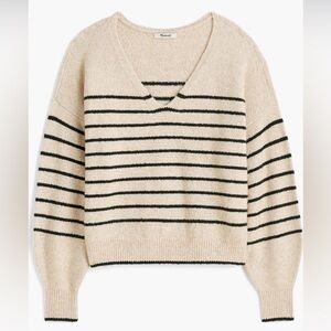 Madewell V-Neck Sweater in Cream with Dark Green Stripes